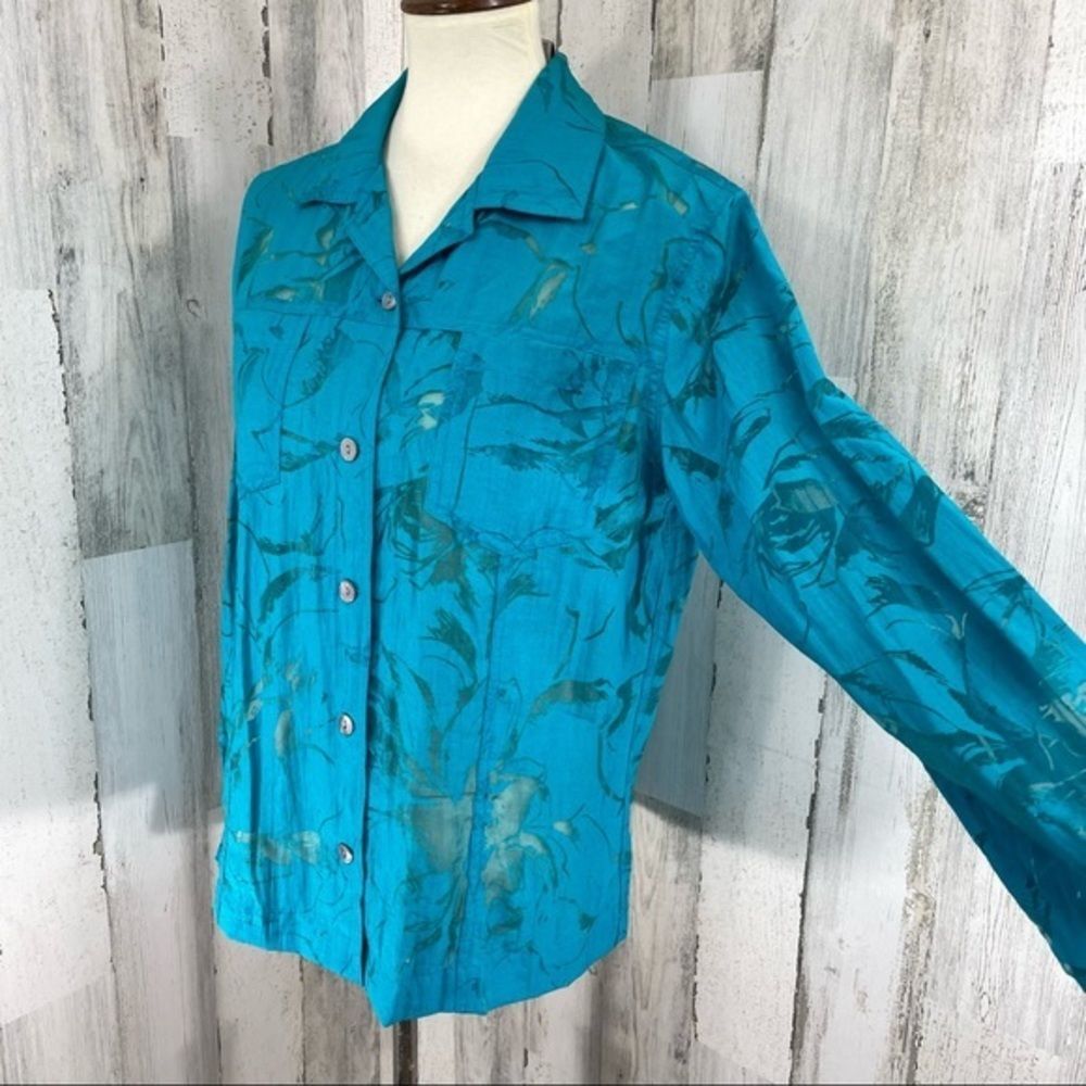Chico’s Women’s Teal Blue‎ Button Down Rayon Blend Long Sleeve Semi Sheer Blouse